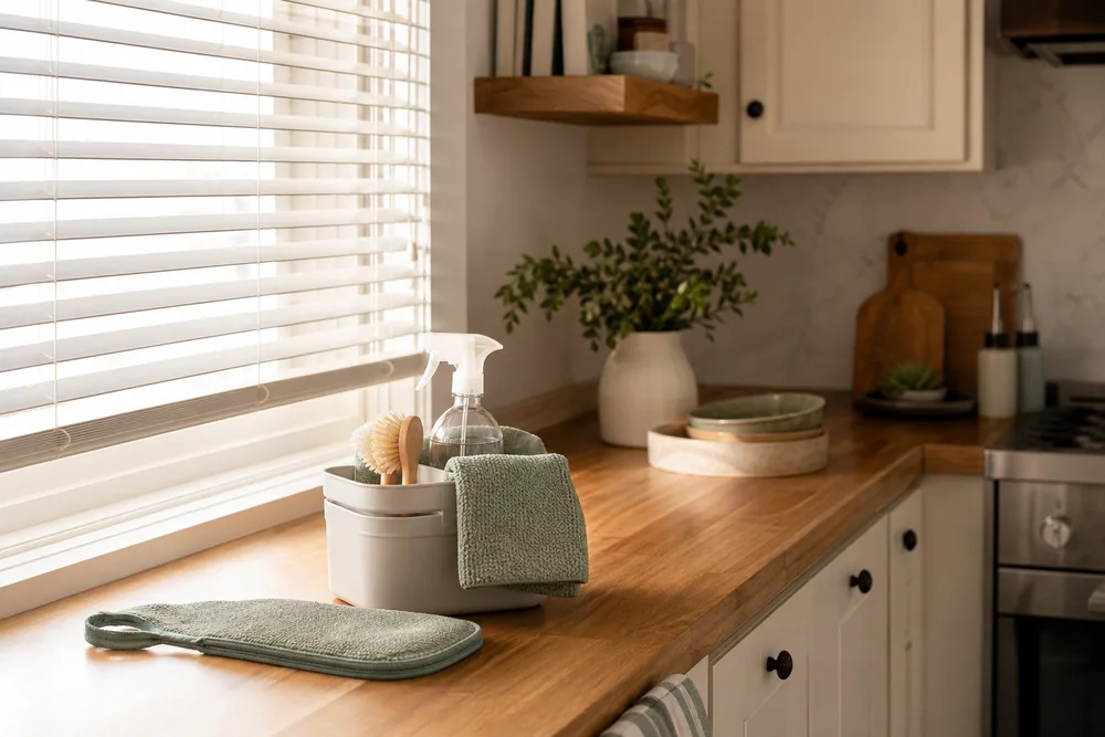 A reusable cleaning caddy and microfiber cloth on a bright kitchen counter.