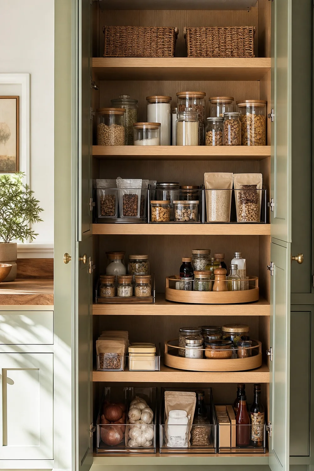 An open pantry arranged with bins, jars, shelf risers, and turntables.