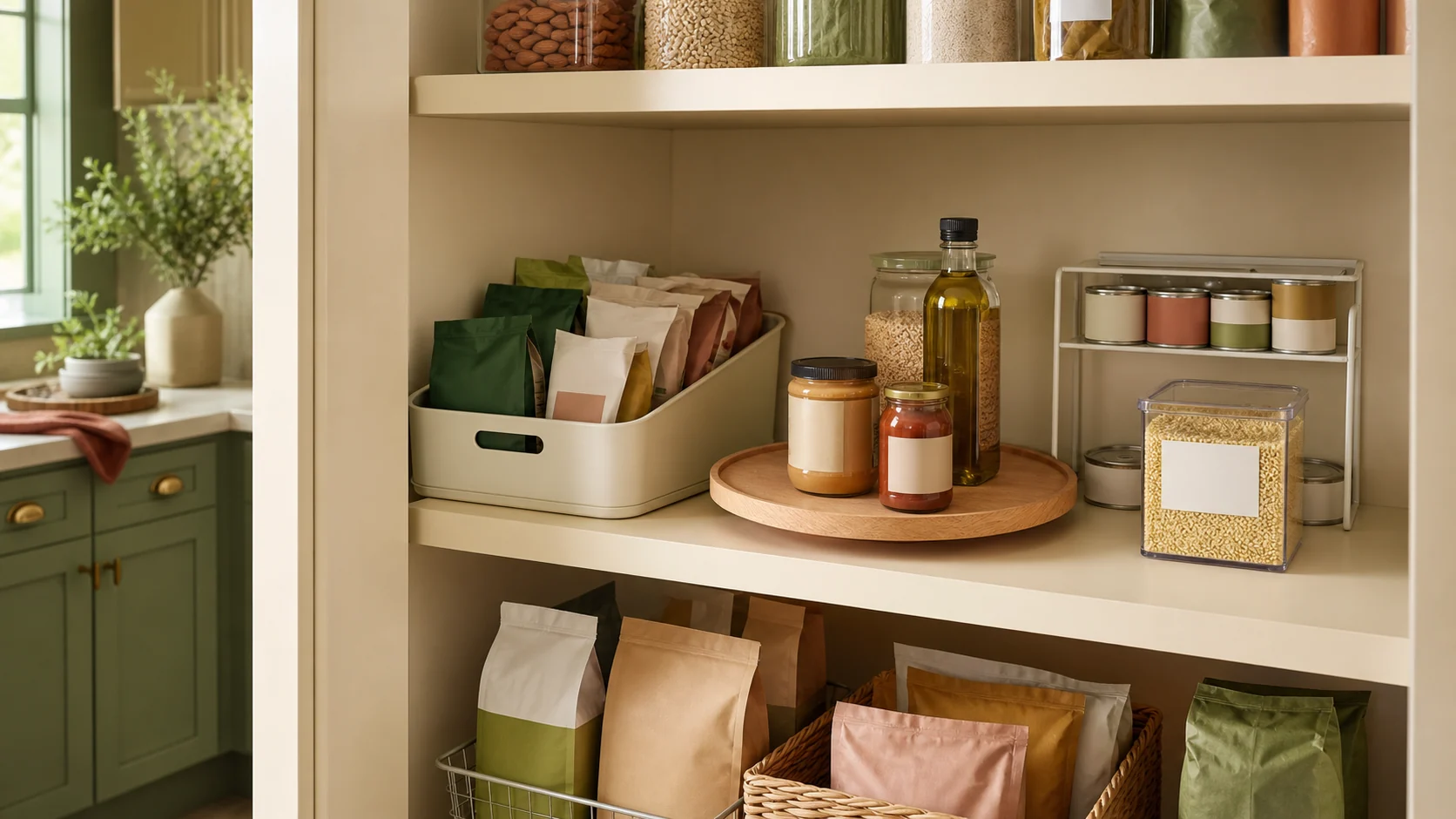 Deep pantry shelves organized with pull-out bins, a turntable, a shelf riser and visible food labels