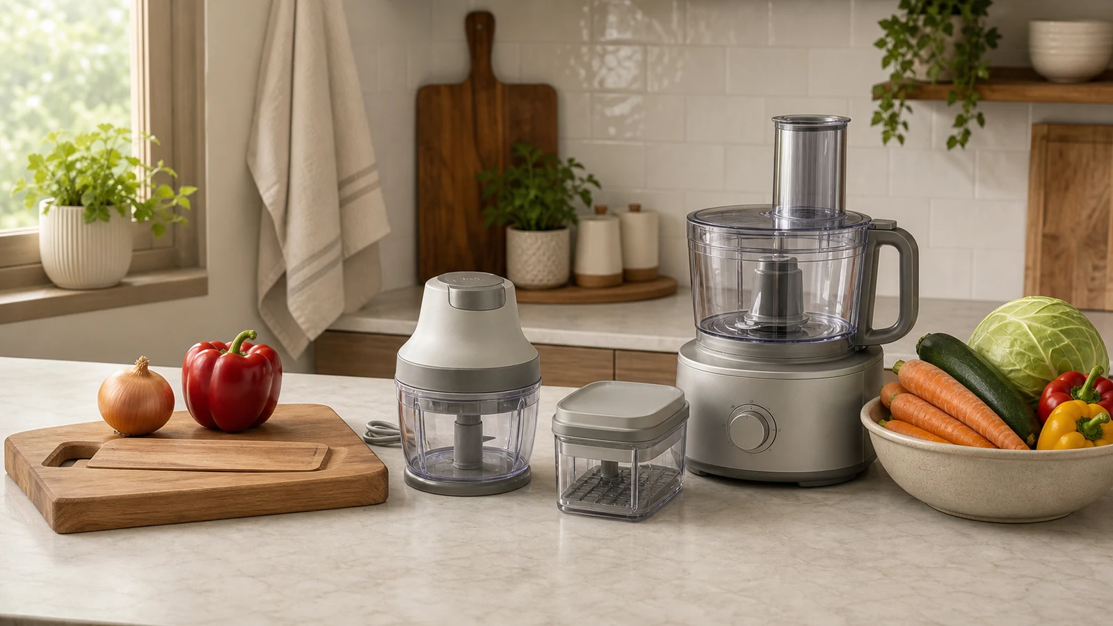 Kitchen counter with a cutting board, manual chopper, compact food chopper, full-size food processor and vegetables
