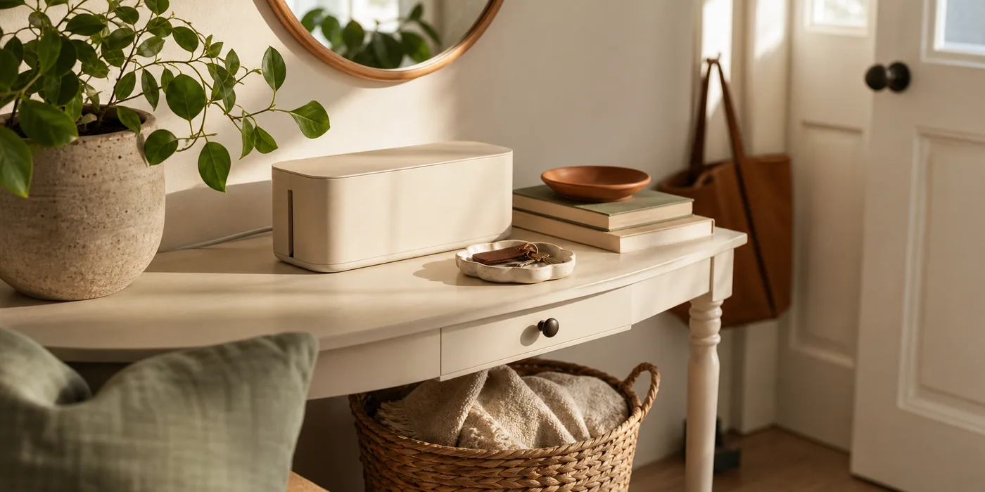 A sunlit entryway console with a cable box, key tray, books, plant, and woven basket.