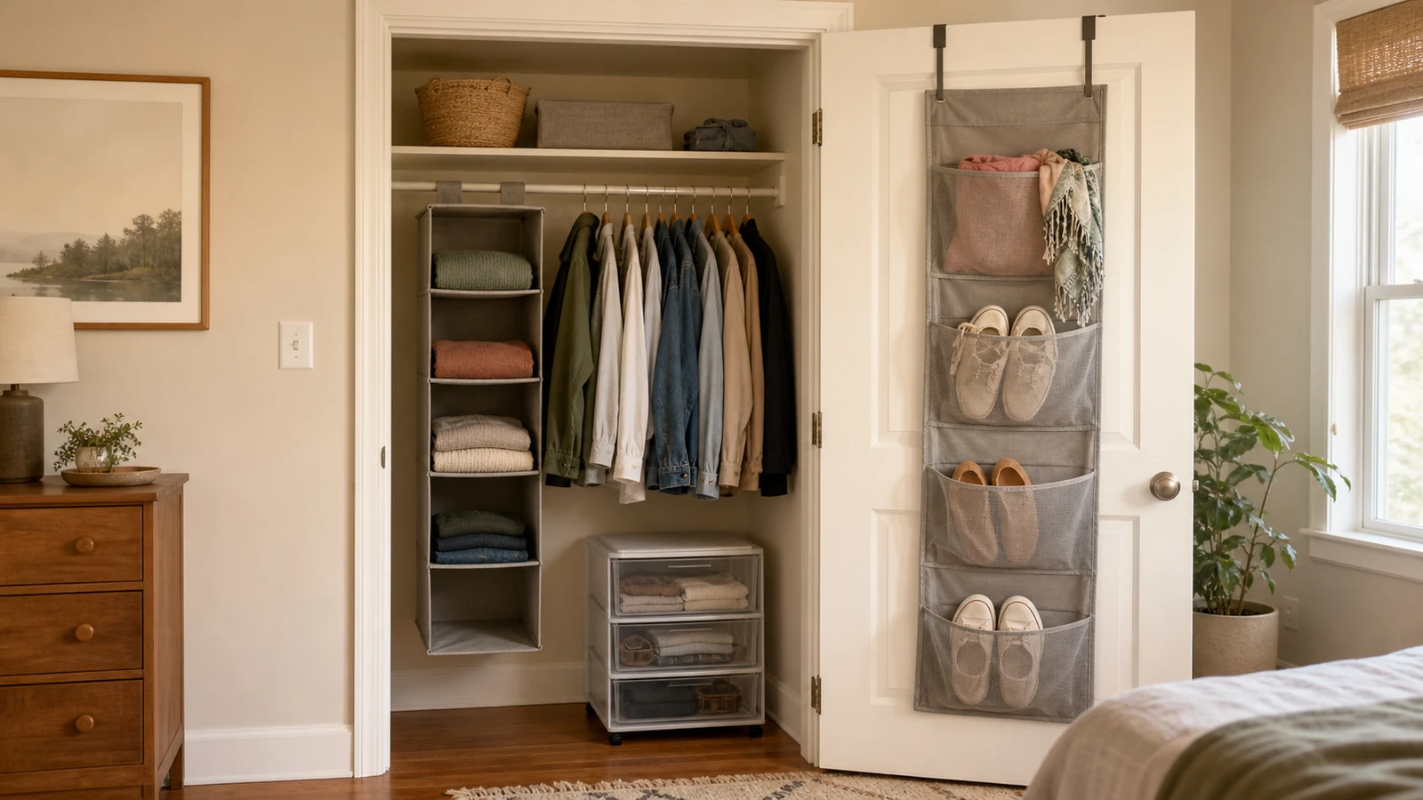 Small rental closet with hanging fabric shelves, an over-door shoe organizer and a low three-drawer cart