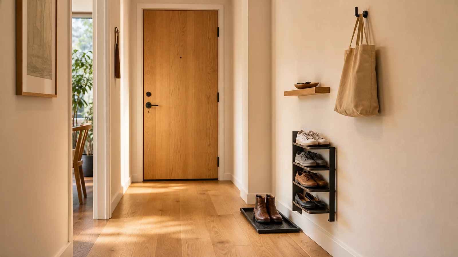 Small entryway with a shallow wall-side shoe rack, a boot tray and a clear path to the front door