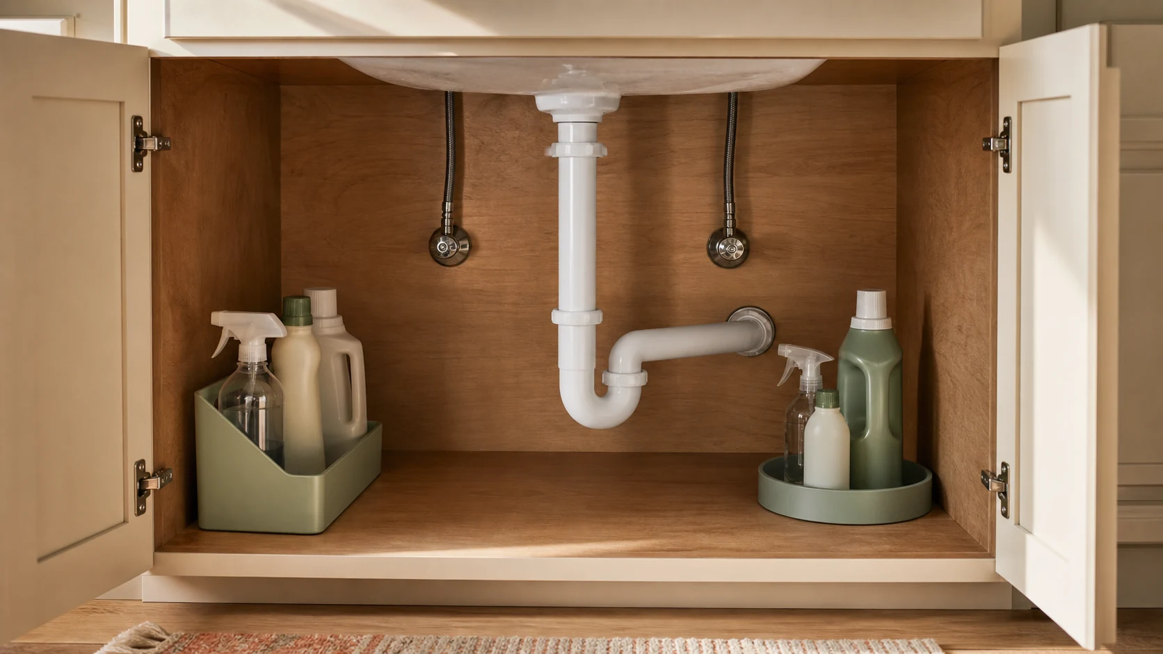 Open kitchen cabinet organized around a visible P-trap with clear access to shutoff valves