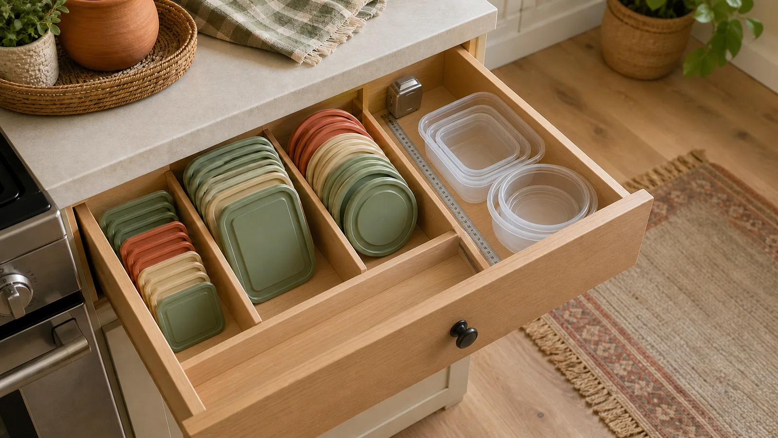 Food container lids sorted upright by shape beside a tape measure running front to back in a kitchen drawer