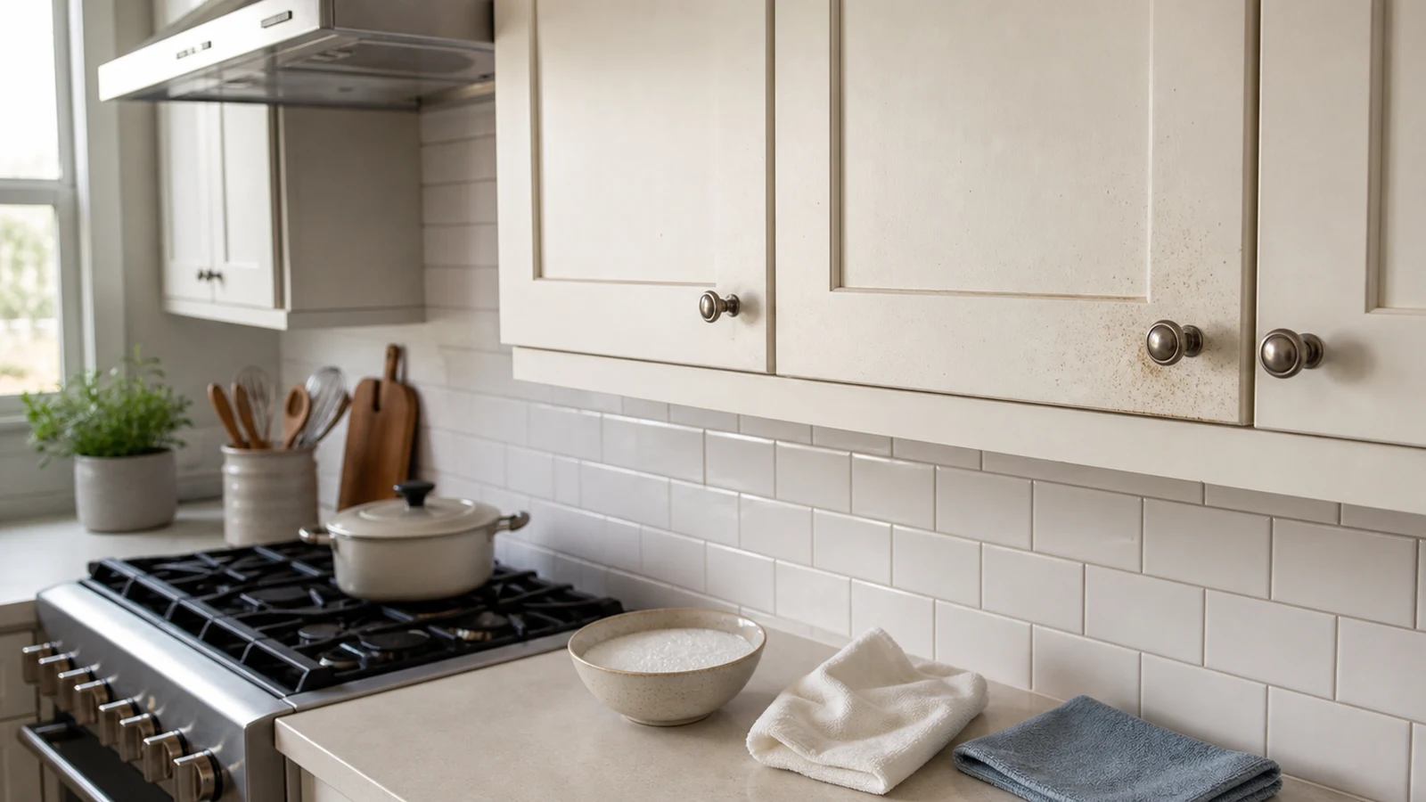 Grease-specked painted kitchen cabinets beside a stove with mild soapy water and clean cloths on the counter