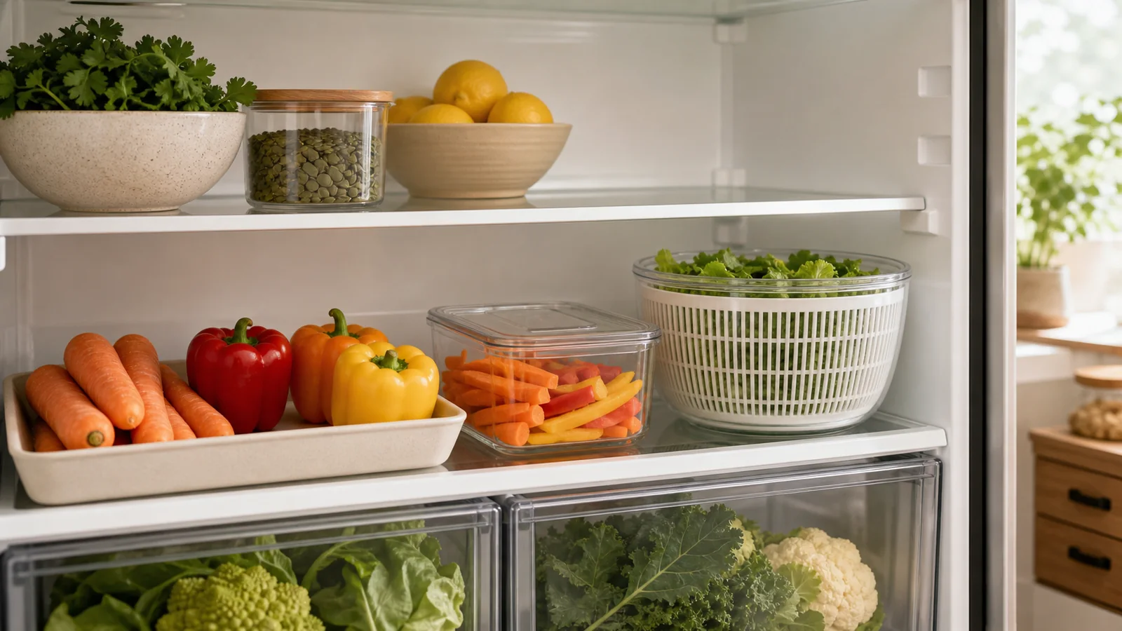 Dry whole and cut vegetables stored separately beside leafy greens in a clean refrigerator
